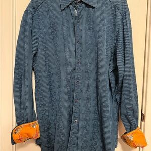 Men's Robert Graham Blue Striped Shirt‎ with Orange Accents